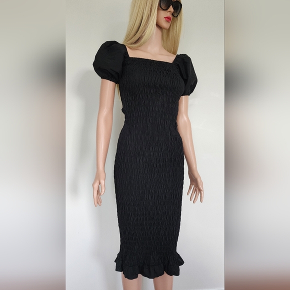 LULUS BLACK DRESS MIDI SMOCKED SMALL - Picture 2 of 12